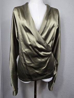 Vintage Linda Allard Ellen Tracy Olive Green 100% Silk Faux Wrap Blouse Size 12